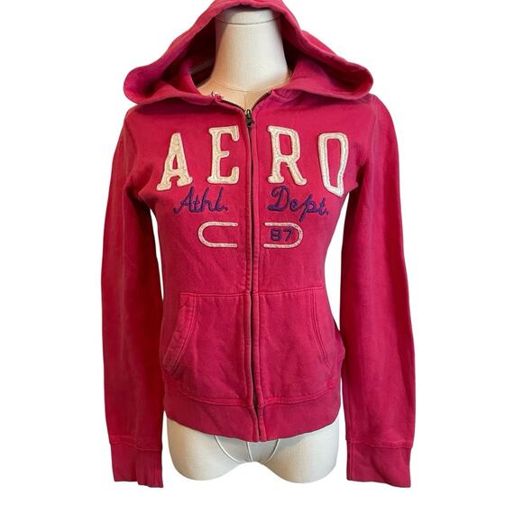 Vintage Y2K Aeropostale Zip Up Hoodie Womens M Pink Spellout Embroidered Logo - Picture 1 of 10